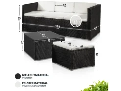Juskys Polyrattan Lounge Sitzgarnitur Punta Cana M Schwarz mit Bezügen in Creme* Kissen|Hocker