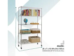Karat Gitterregal Maya mit Rollen und Feststellbremse 5 Böden 89 x 34 x 150 cm
