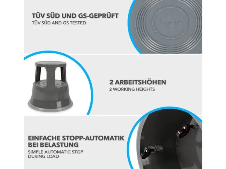 Karat Rollhocker Elefantenfuß Rolltritt aus Stahl - Hocker für Büro oder Gewerbe 150 kg Belastbar TÜV-geprüft -
