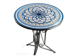 Kobolo Gartentisch Mediterran mit Platte in Mosaikoptik Weiß Blau Höhe 68 cm Durchmesser 55 cm