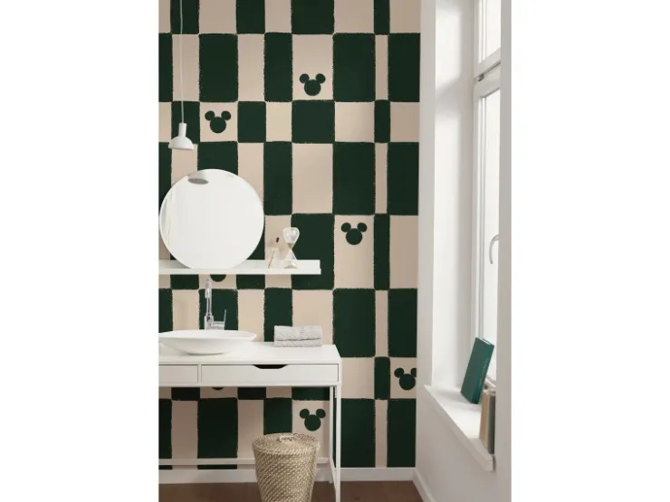 Komar Vlies Fototapete Disney Mickey Mouse Green Chess Rosa-Grün
