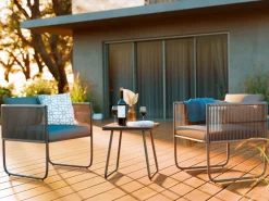 Lounge-Set Fullerton 3-teilig Wicker Stahl Anthrazit-Grau* Kissen|Sessel
