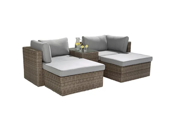 Lounge-Set Olea 5-teilig aus Polyrattan Sand* Kissen|Hocker