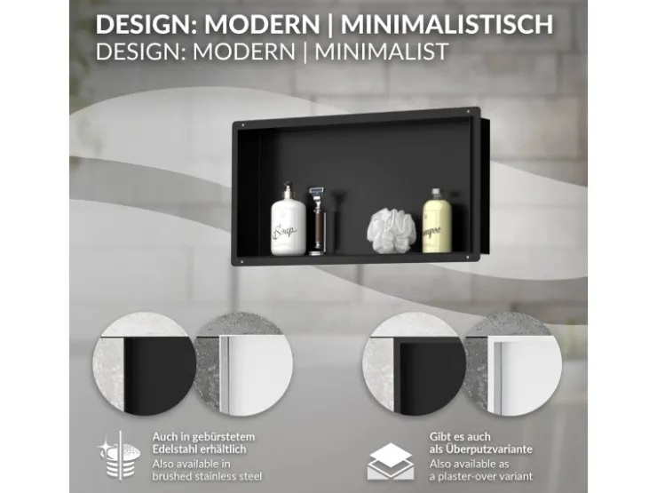 LuxeBath Wandnische aus Edelstahl 60x30x10 cm Schwarz Duschnische Einbauregal
