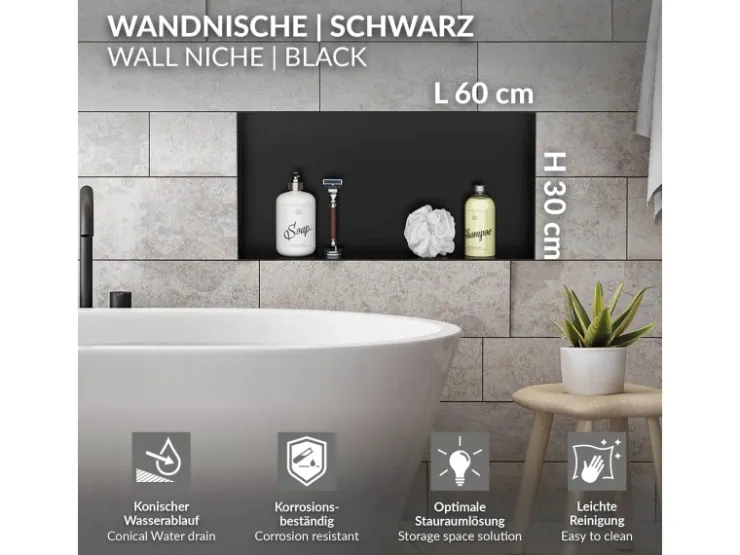 LuxeBath Wandnische aus Edelstahl 60x30x10 cm Schwarz Duschnische Einbauregal