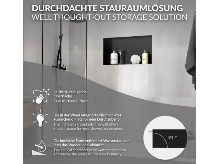 LuxeBath Wandnische aus Edelstahl 60x30x10 cm Schwarz Duschnische Einbauregal