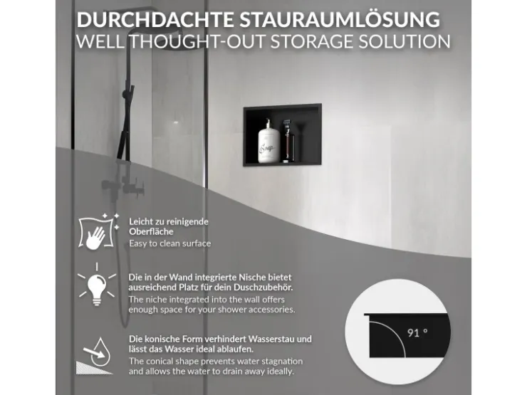 LuxeBath Wandnische aus Edelstahl 20x30x10 cm Schwarz Duschnische mit Rahmen