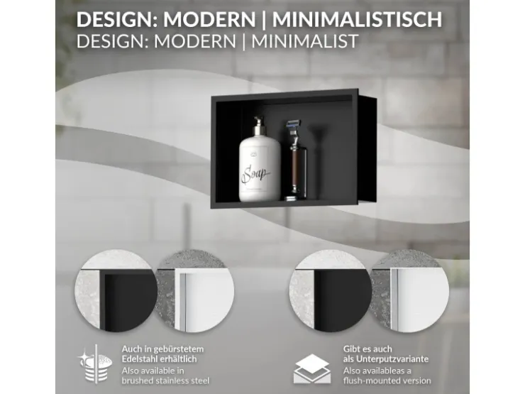 LuxeBath Wandnische aus Edelstahl 20x30x10 cm Schwarz Duschnische mit Rahmen