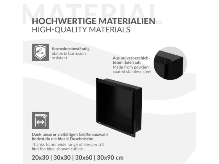 LuxeBath Wandnische aus Edelstahl 30x30x10 cm Schwarz Duschnische Einbauregal* Regale Schwarz