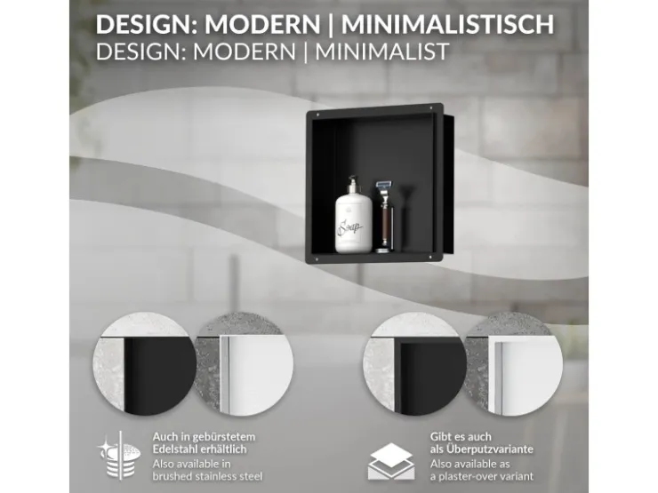 LuxeBath Wandnische aus Edelstahl 30x30x10 cm Schwarz Duschnische Einbauregal* Regale Schwarz