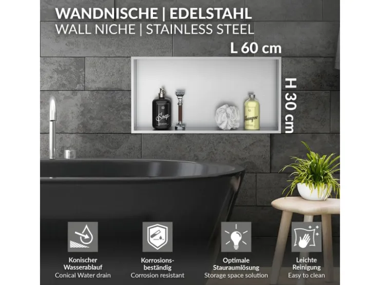 LuxeBath Wandnische Edelstahl 60x30x10 cm Silber Duschnische Rahmen Einbauregal* Wandregale