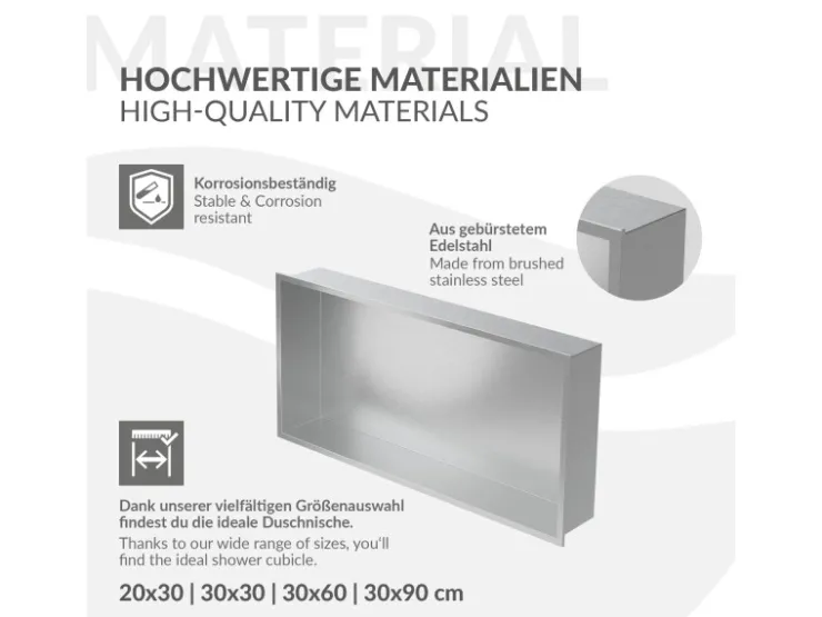 LuxeBath Wandnische Edelstahl 60x30x10 cm Silber Duschnische Rahmen Einbauregal* Wandregale