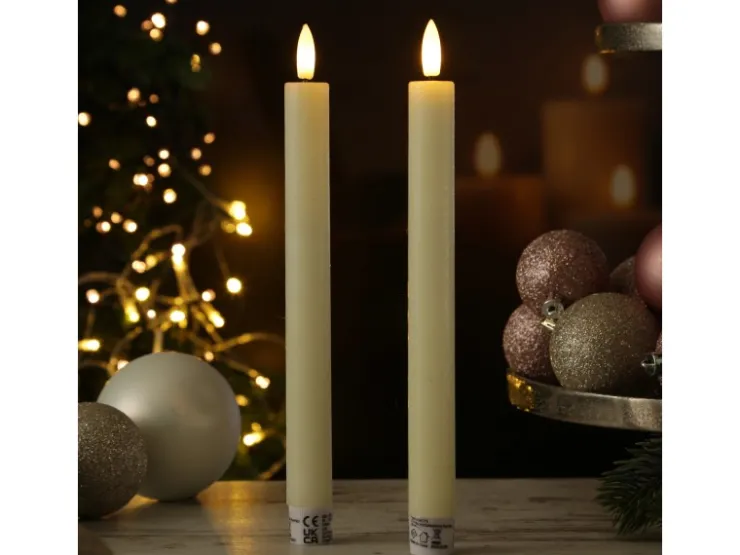 MARELIDA LED Stabkerzen Tafelkerzen Spitzkerzen Echtwachs Rustik Optik H 24cm Creme 2St