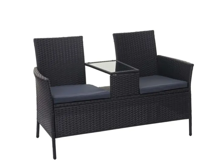 MCW Poly-Rattan Sitzbank mit Tisch E24 Kissen Dunkelgrau