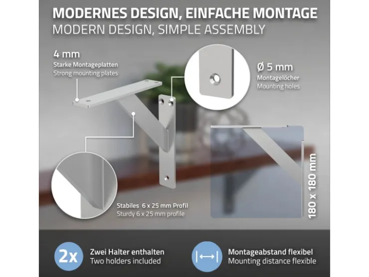 ML-Design 4 Stück Regalhalterung 180 x 180 mm Silber Aluminium Schwebende