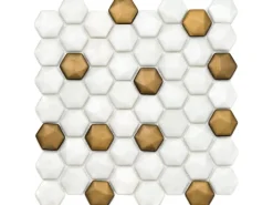 Mosaikmatte Ebru Hexagon Glas Weiß Gold 29 cm x 29 cm