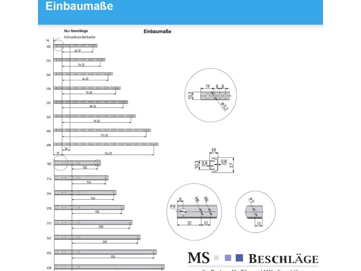 MS Beschläge Teilauszug 438 mm Nutauszug 17 mm Führungsschiene* Kommode