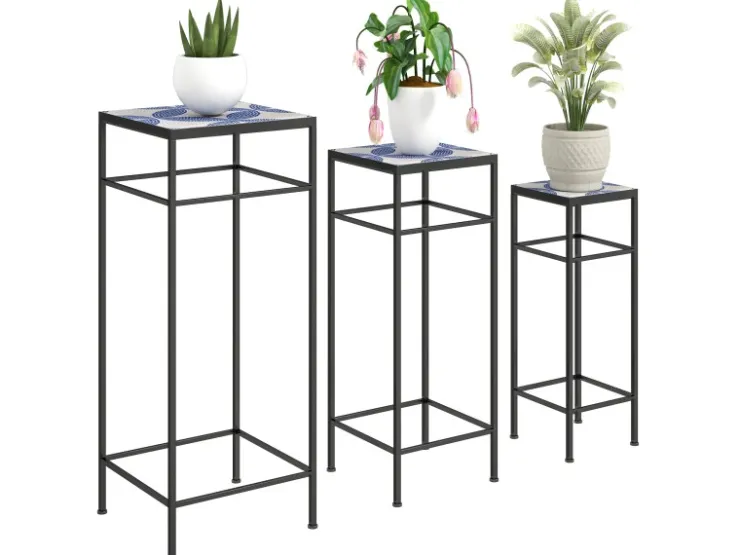 Outsunny Blumenständer-Set Metall Fliesen Blau 28L x 28B x 71H cm