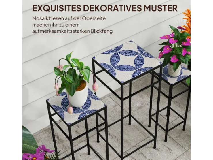 Outsunny Blumenständer-Set Metall Fliesen Blau 28L x 28B x 71H cm
