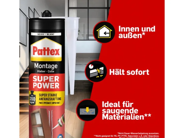 Pattex Baukleber Montagekleber Super Power Kartusche starke Anfangshaftung 370 g* Zierprofile