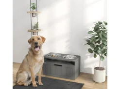 PawHut Futterstation Hundenäpfe MDF Stahl Grau 60L x 30B x 35H cm* Hundebedarf