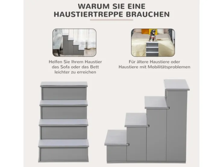 PawHut Haustiertreppe MDF Kurzplüsch Grau 40L x 59B x 54,2H cm