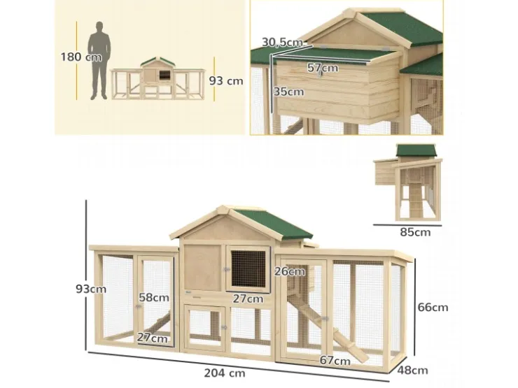 PawHut Hühnerstall 204 x 85 x 93 cm Hühnerhaus mit Freigehege Nistkasten