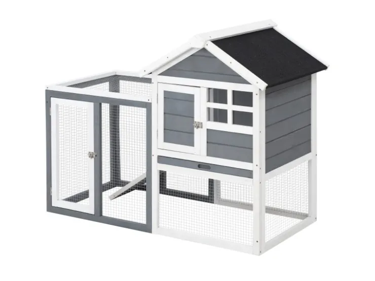 PawHut Kaninchenstall Tannenholz Grau Weiß Schwarz 122 x 62,6 x 92 cm* Kleintierbedarf