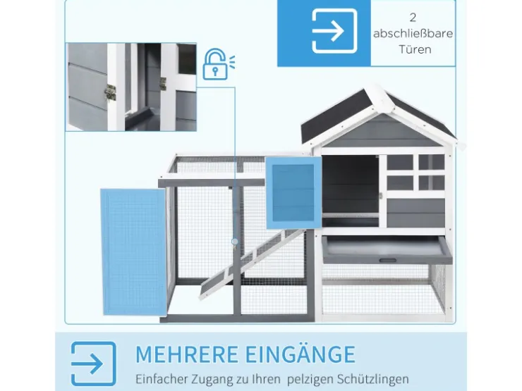 PawHut Kaninchenstall Tannenholz Grau Weiß Schwarz 122 x 62,6 x 92 cm* Kleintierbedarf