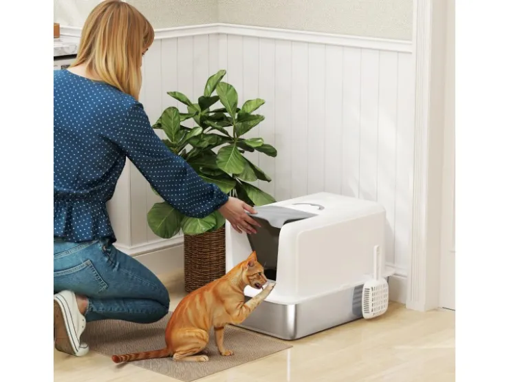 PawHut Katzentoilette Edelstahl Kunststoff Weiß 40,5L x 60,5B x 41,5H cm* Katzenbedarf