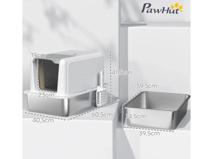 PawHut Katzentoilette Edelstahl Kunststoff Weiß 40,5L x 60,5B x 41,5H cm* Katzenbedarf