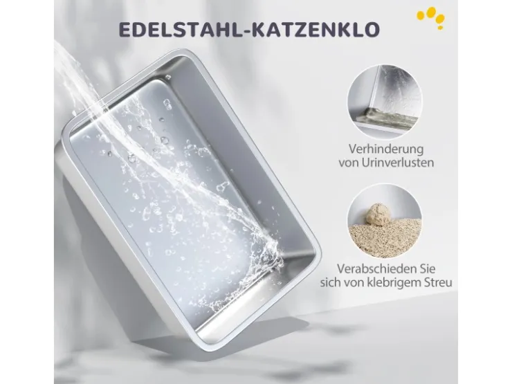 PawHut Katzentoilette Edelstahl Kunststoff Weiß 40,5L x 60,5B x 41,5H cm* Katzenbedarf