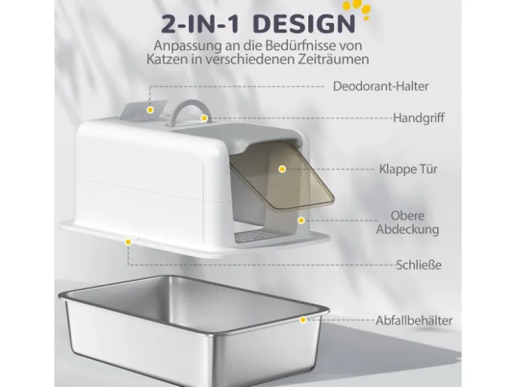 PawHut Katzentoilette Edelstahl Kunststoff Weiß 40,5L x 60,5B x 41,5H cm* Katzenbedarf