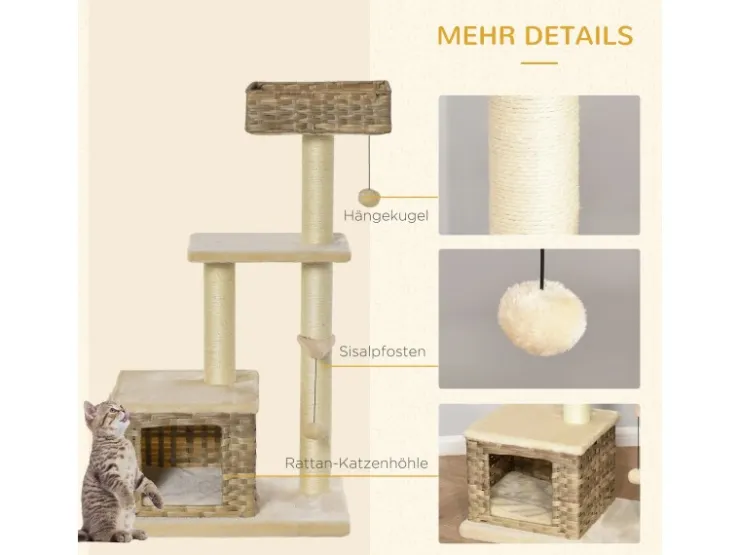 PawHut Rattan Katzenbaum mit Sisal Höhe 108 cm* Katzenbedarf