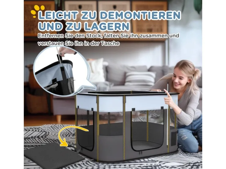 PawHut Welpenauslauf Oxford-Stoff Nylonnetz Grau 94L x 74B x 60H cm* Kleintierbedarf