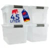 PROREGAL Aufbewahrungsbox Mit Deckel 45L 4er Set Groß Rollen Transparent Stapelbar Kunststoffbox Verschlussclips Stapelbox Aufbewahrungsbehälter