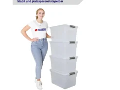 PROREGAL Aufbewahrungsbox Mit Deckel 45L 4er Set Groß Rollen Transparent Stapelbar Kunststoffbox Verschlussclips Stapelbox Aufbewahrungsbehälter