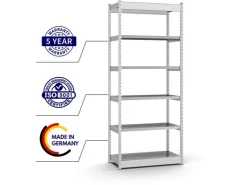 PROREGAL Fachbodenregal Stecksystem Vierkant-Profil Grundregal HxBxT 250 x 132,5 x 60 cm 6 Ebenen Einseitige Bauart Fachlast 200 kg* Büroregale