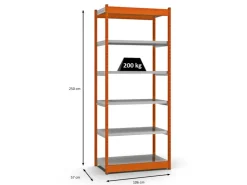 PROREGAL Fachbodenregal Stecksystem Vierkant-Profil Grundregal HxBxT 250 x 102,5 x 50 cm 6 Ebenen Einseitige Bauart Fachlast 200 kg* Büroregale