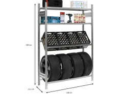 PROREGAL Getränkekisten- & Reifenregal Chiemsee Tire Made in Germany HxBxT 200 x 136 x 43,5 cm 4 Kisten auf 1 Ebene & 4 Reifen & 2 Boards Verzinkt* Weitere Regale