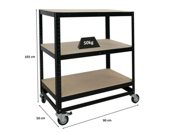 PROREGAL Kommissionierwagen BÜFFEL Fahrbares Kommissionierregal 100x90x50cm 3 Ebenen Fachlast 50kg 2x Mit Feststellbremse Schwarz* Regale Schwarz