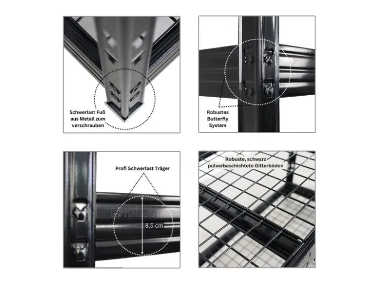 PROREGAL Mega Deal 5x Profi Schwerlastregal Rhino HxBxT 180x200x60cm 4 Gitterrost-Ebenen Fachlast 500kg Schwarz