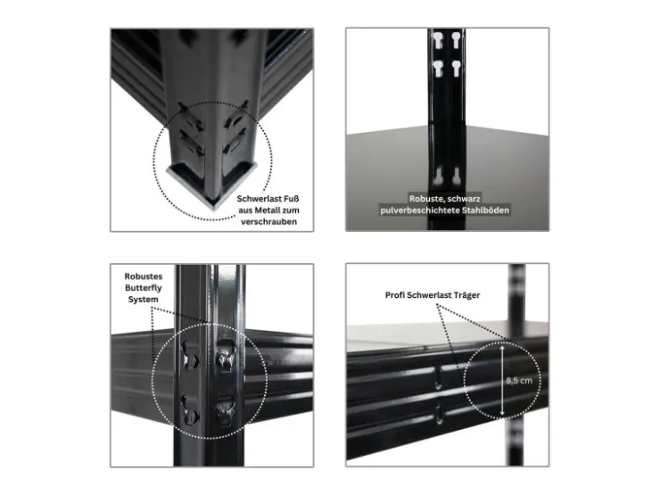 PROREGAL Mega Deal 4x Profi Schwerlastregal Rhino HxBxT 180x200x60cm 4 Stahlplatten-Ebenen Fachlast 500kg Schwarz