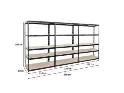 PROREGAL Mega Deal 3x Schwerlastregal Giant Tiger HxBxT 200 x 120 x 60 cm Fachlast 265 kg 5-Ebenen* Regale Schwarz|Schwerlastregal