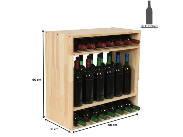 PROREGAL Modulares Weinregal Vincellar Mod HxBxT 60 x 60 x 30 cm Standflaschen Modul Für 32 Flaschen Massives Kiefernholz Natur* Regale Massivholz