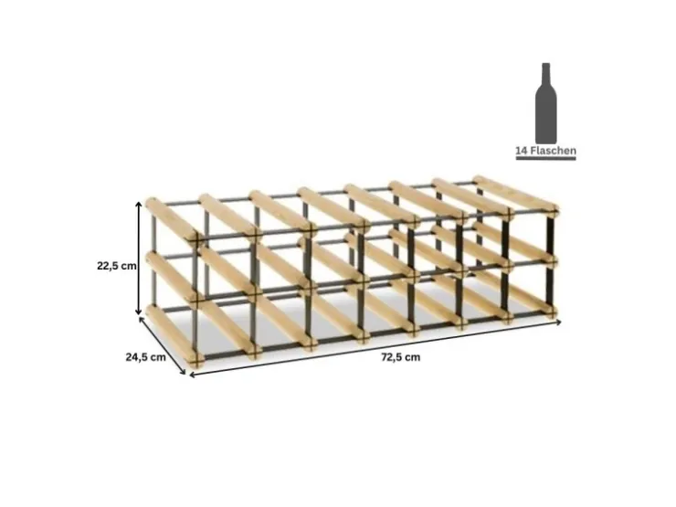 PROREGAL Modulares Weinregal Vinotega Mod Metal HxBxT 22,5 x 72,5 x 24,5 cm 7 x 2 Flaschen Massives Kiefernholz Natur* Flaschenregale