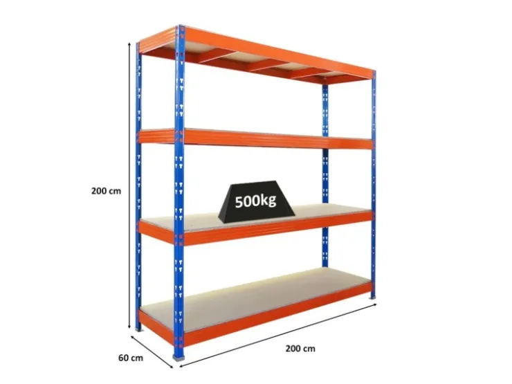 PROREGAL Profi Schwerlastregal Rhino HxBxT 200x200x60cm 4 Spanplatten-Ebenen 16mm Fachlast 500kg Blau/Orange Stecksystem Lagerregal Steckregal