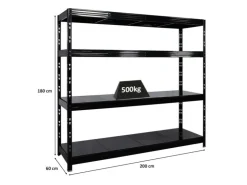 PROREGAL Profi Schwerlastregal Rhino HxBxT 180x200x60cm 4 Stahlplatten-Ebenen Fachlast 500kg Schwarz Stecksystem Lagerregal Regalsystem