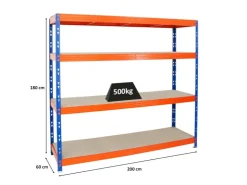 PROREGAL Profi Schwerlastregal Rhino HxBxT 180 x 200 x 60 cm 4 Spanplatten-Ebenen 8mm Fachlast 500 kg Blau/Orange