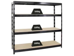 PROREGAL Profi Schwerlastregal Rhino HxBxT 180 x 200 x 60 cm 4 Spanplatten-Ebenen 16mm Fachlast 500 kg* Regale Schwarz|Metallregale